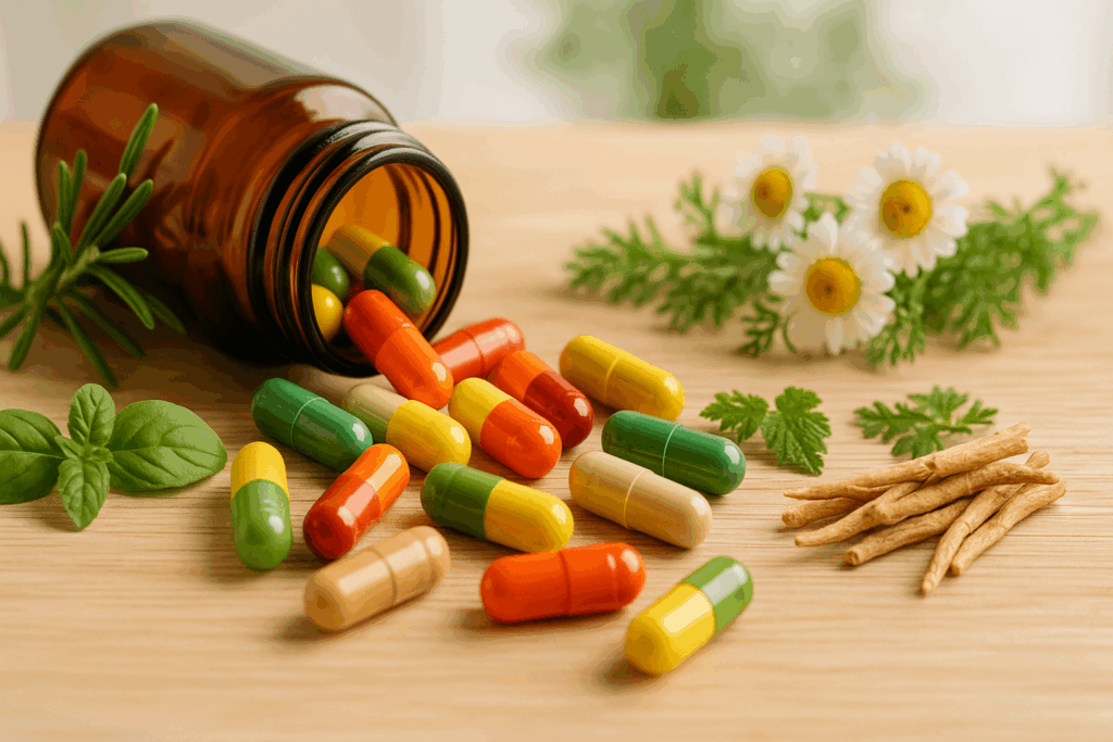 Colorful capsules and fresh herbs spilling from a brown glass bottle onto a wooden surface, symbolizing clean-label Natural Vyvanse Alternatives.