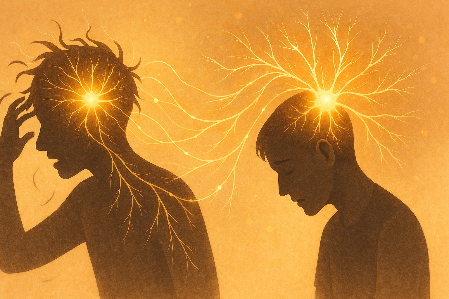 Two symbolic figures representing ADHD and narcolepsy connected by glowing neural threads, illustrating the impact of over-the-counter performance enhancers on cognitive clarity.
