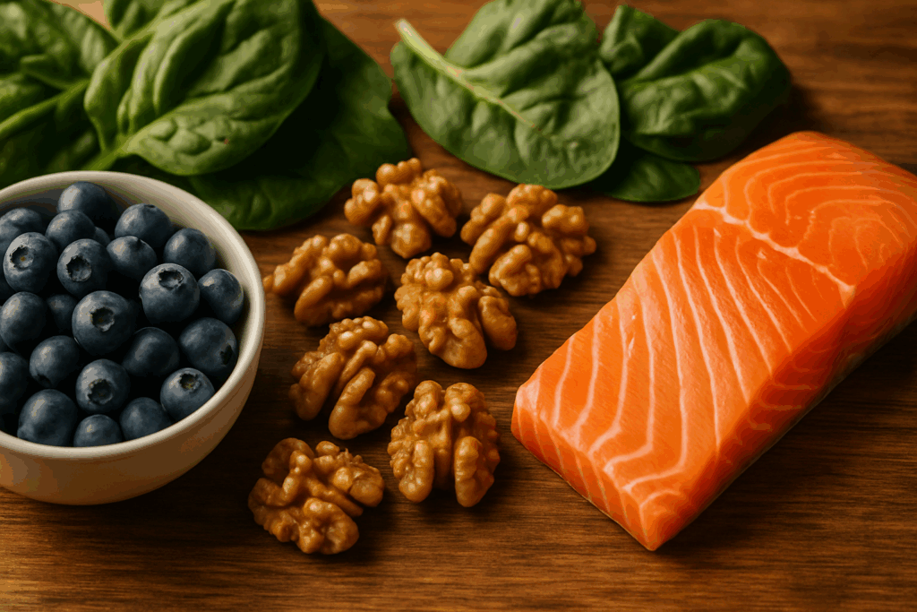 Human brain illustration with light beams connecting to healthy foods symbolizing the impact of diet on smart decision making examples