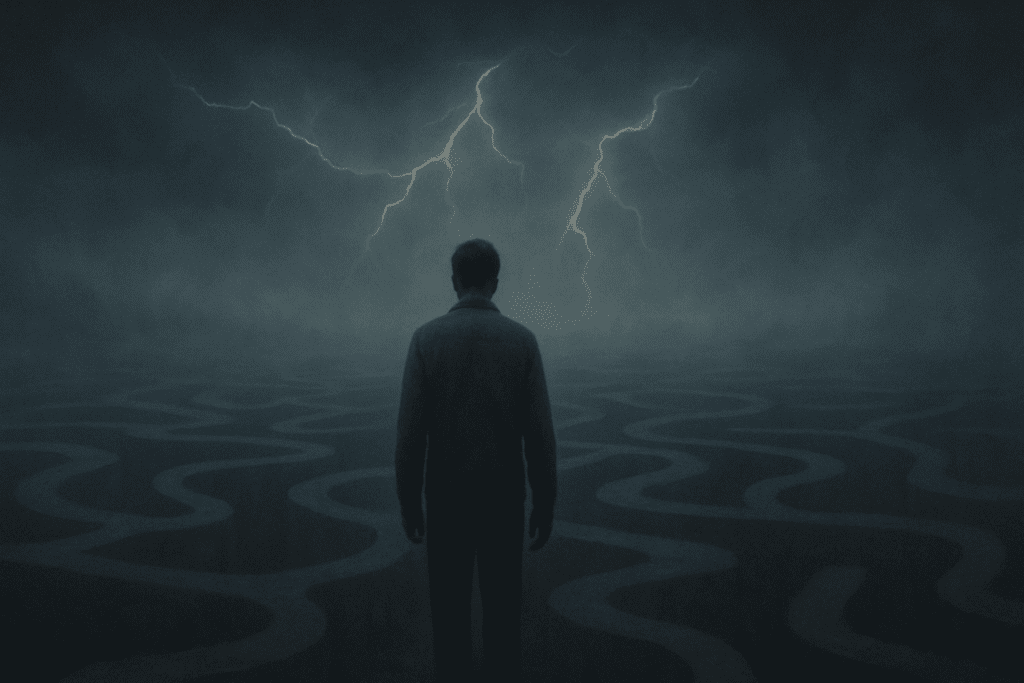 Person navigating a foggy mental maze, visualizing early signs of deficiency linked to low vitamin B for brain function