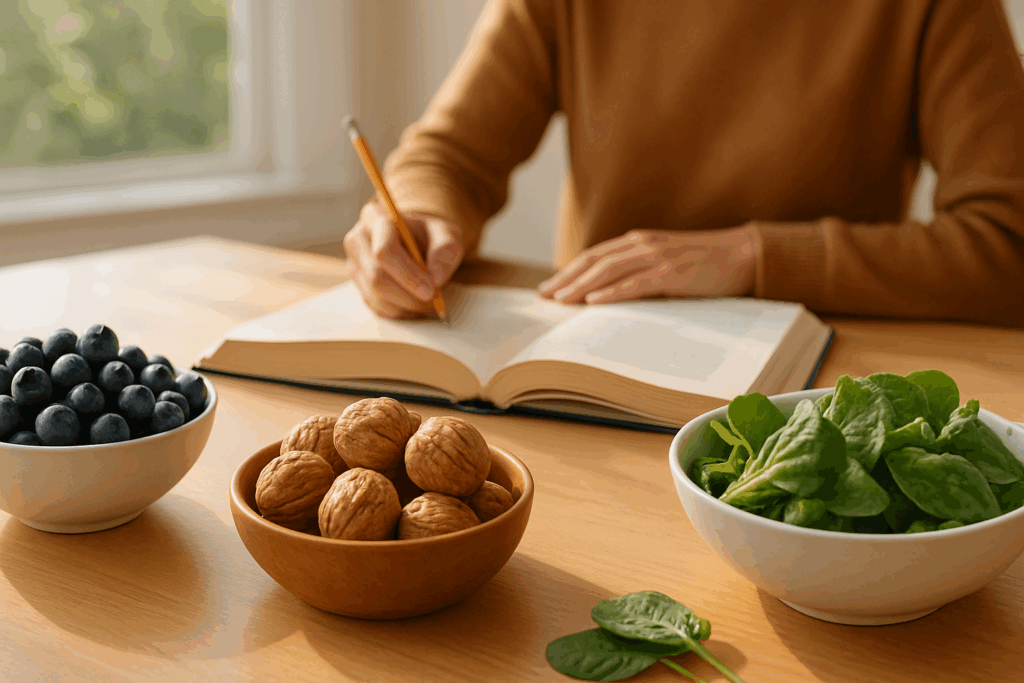 "Various herbs such as Bacopa monnieri, Ginkgo biloba, and Rhodiola rosea arranged artistically, highlighting their role in Making Choices Between Alternatives through cognitive enhancement."