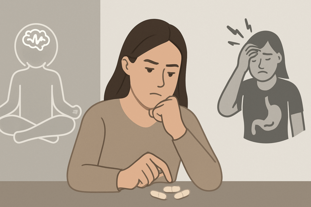 Person evaluating supplements with symbols of calm focus and mild side effects, illustrating RediMind vs Alpha Brain risks.