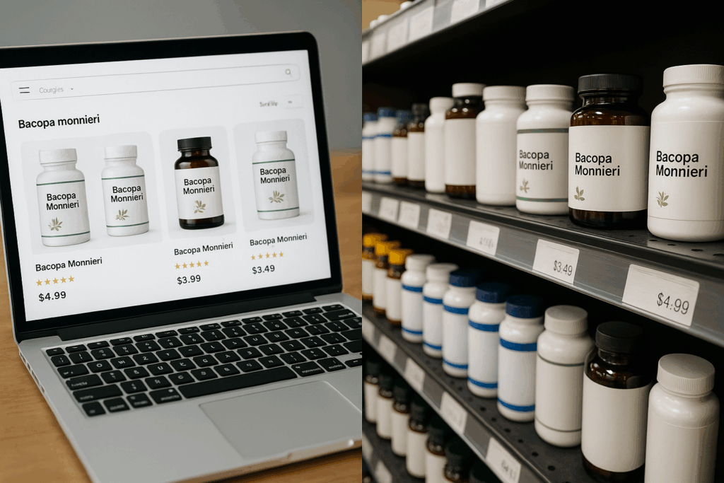 "Online store and physical health store shelves showing Bacopa monnieri supplements, highlighting where to buy Bacopa monnieri both online and in-store."