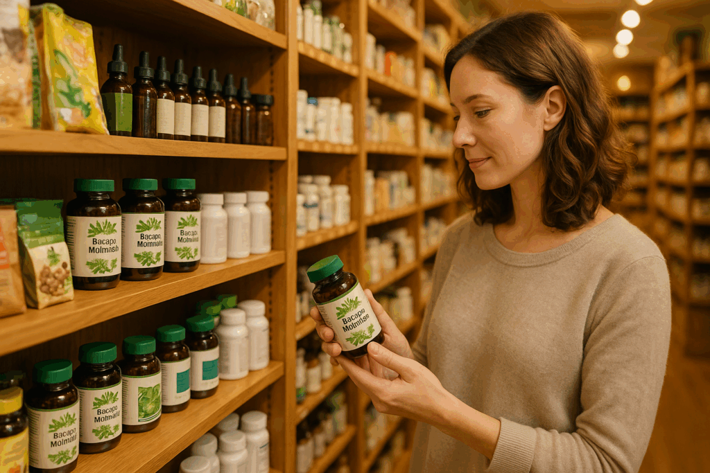 "Where to buy Bacopa Monnieri – Local health food store shelves with Bacopa Monnieri supplements, providing an in-person shopping experience."