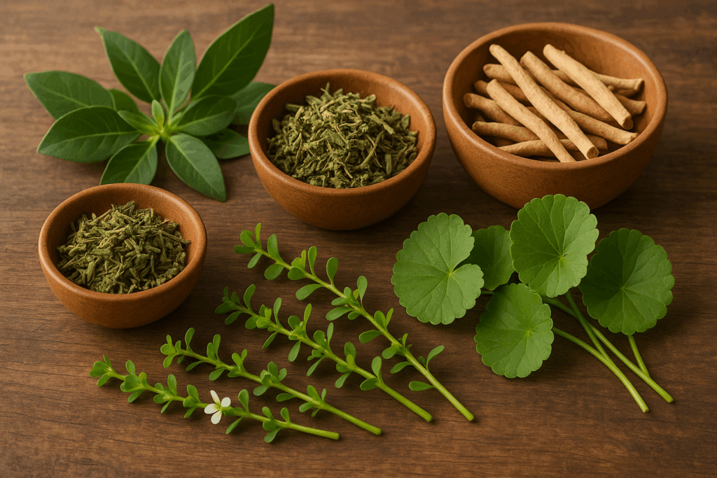 "A serene workspace with plants like Gotu Kola and Ashwagandha, promoting better mental clarity and methods to retrieve memory more effectively."