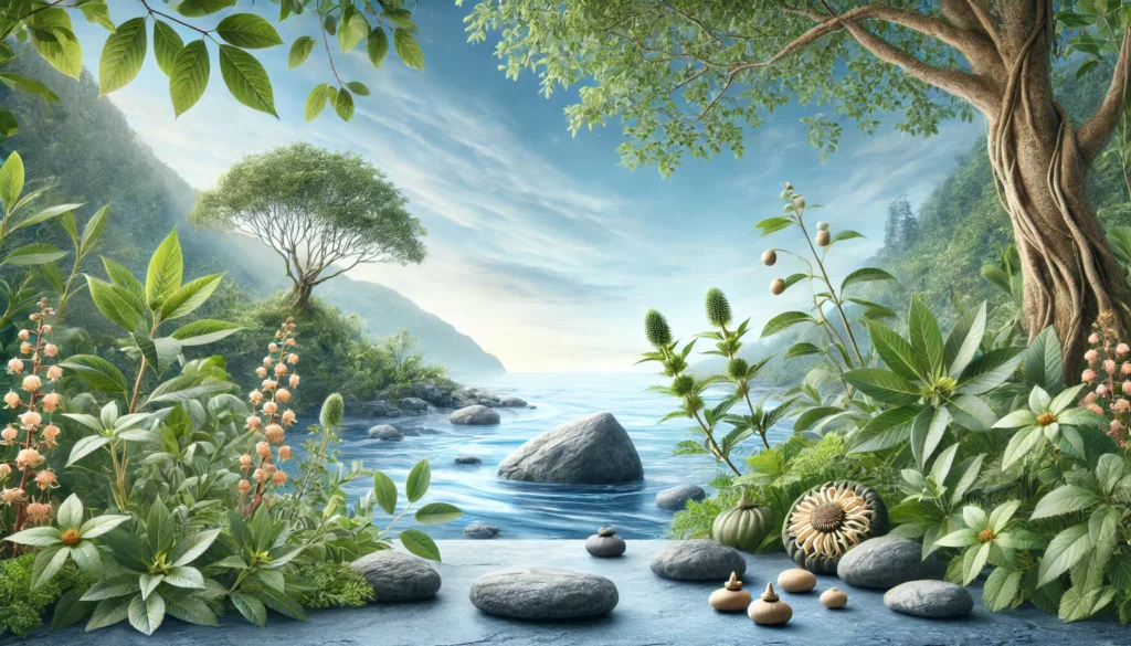 "Bacopa monnieri and Gotu Kola growing along a peaceful river, symbolizing the mind-body synergy of herbs that enhance mental clarity and emotional resilience."