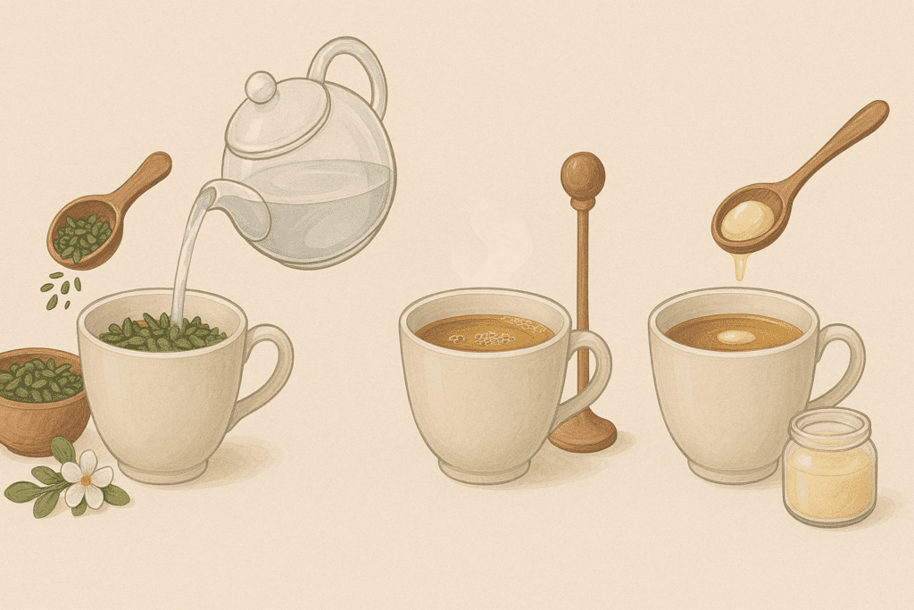 Artisan teacups filled with bacopa monnieri tea and brahmi tea next to a jar of dried botanicals and a mindfulness journal