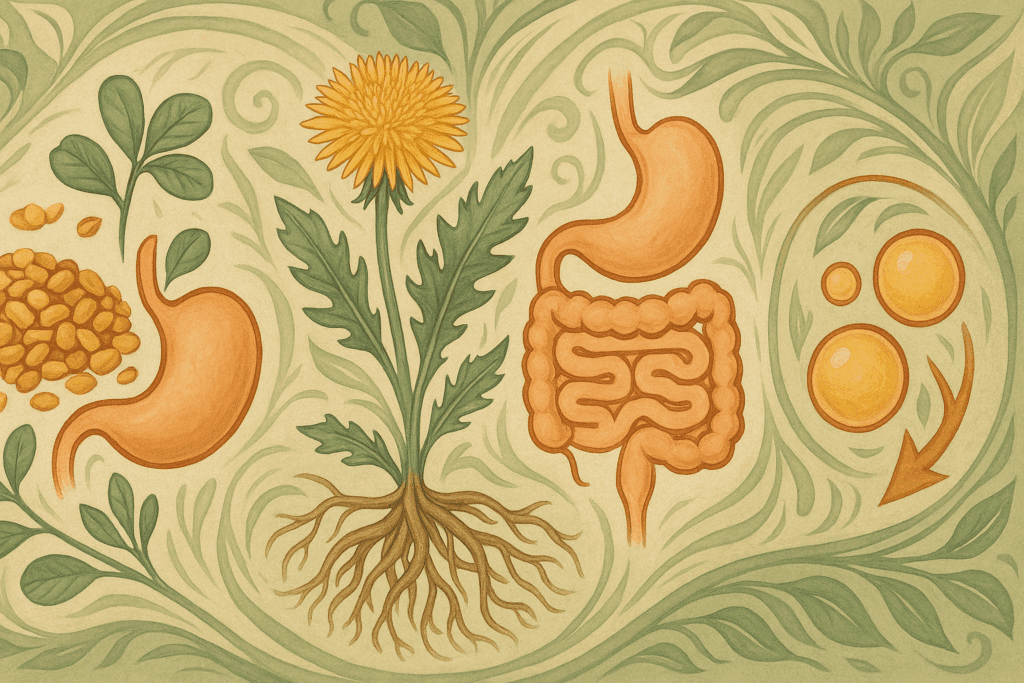 Visual representation of proven herbal remedies for fat absorption working on digestion, appetite, and fat cell formation.