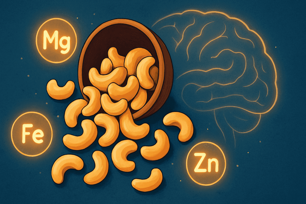 Cashews with glowing mineral icons, adding depth to the question are nuts good for brain health