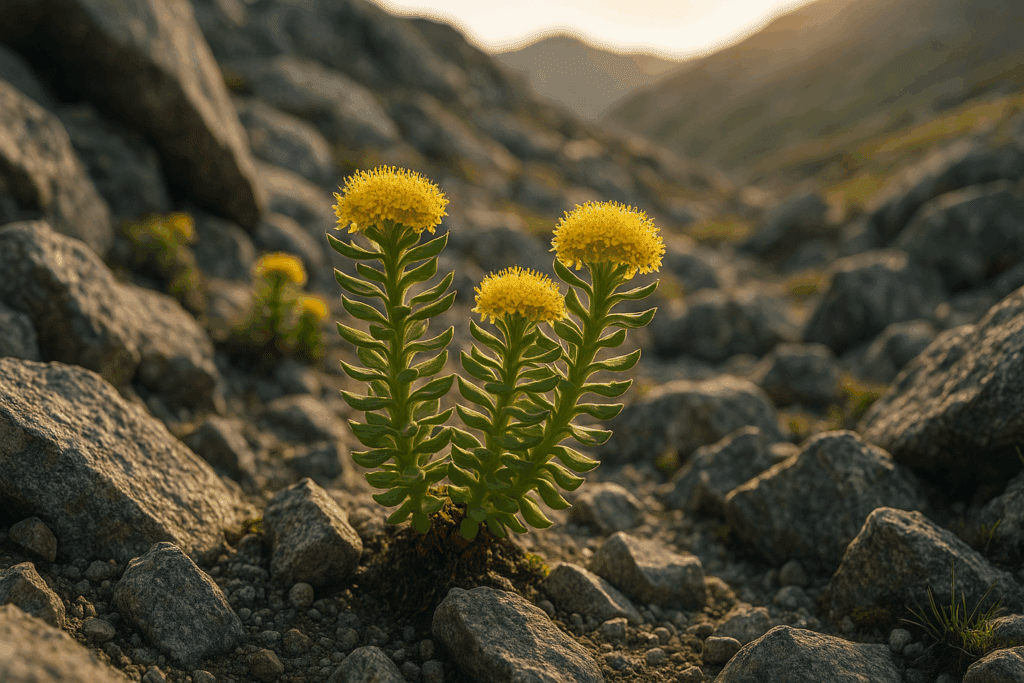 Rhodiola rosea flowering in alpine terrain, used as one of the best herbs for ADHD and stress resilience