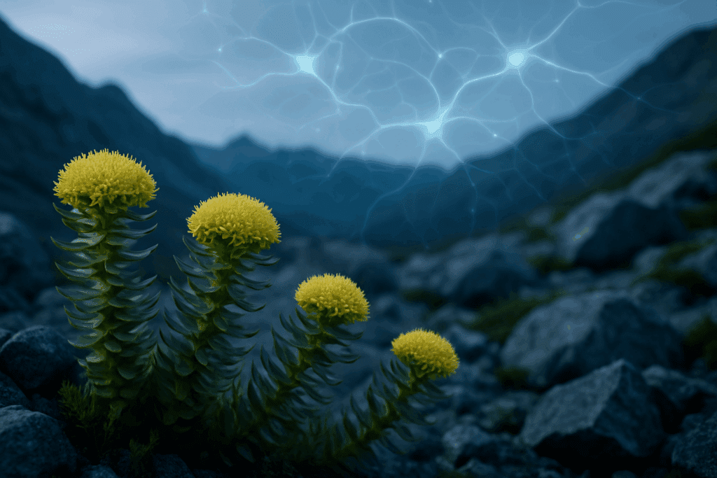 Yellow Rhodiola rosea flowers growing in a rugged mountain landscape representing natural stimulants for focus and energy