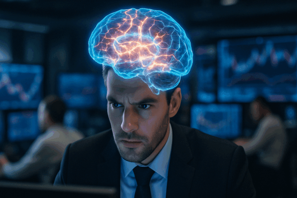 "Focused professional on a trading floor with glowing neural pathways above his head, symbolizing How Alpha Brain May Support Better Decision-Making under pressure."
