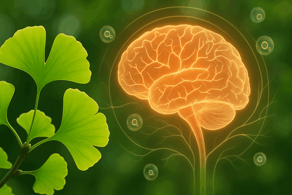 Green Ginkgo biloba leaves layered with a glowing brain illustration highlighting its role as the best herb for ADHD support"