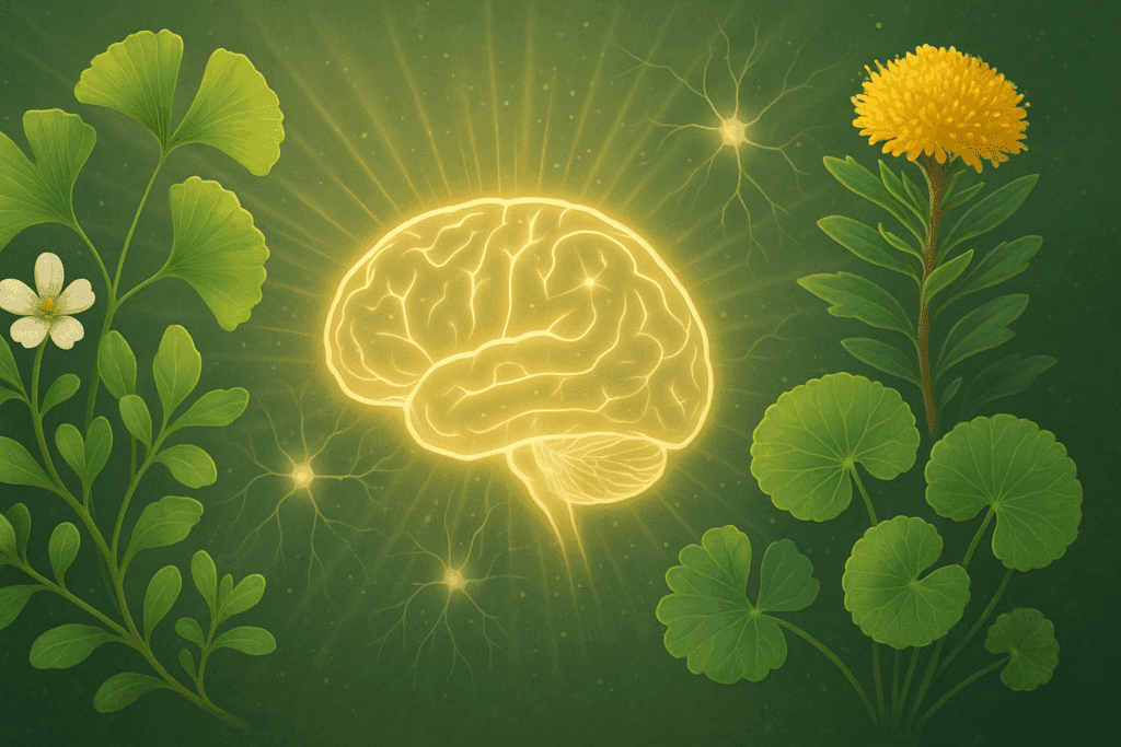 Herbs like Bacopa Monnieri and Ginkgo Biloba surrounding a glowing brain to represent the best herb for ADHD naturally.