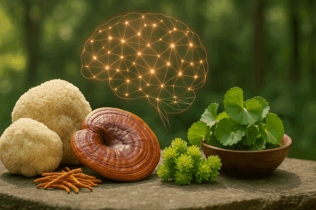 Tabletop arrangement of Bacopa monnieri, Ginkgo biloba, and Gotu kola with soft lighting, illustrating the Best Herbs for Brain and Nervous System Health