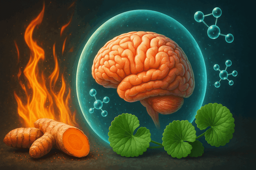 Turmeric and Gotu kola protecting the brain from inflammation, representing the best herbs for brain and nervous system health