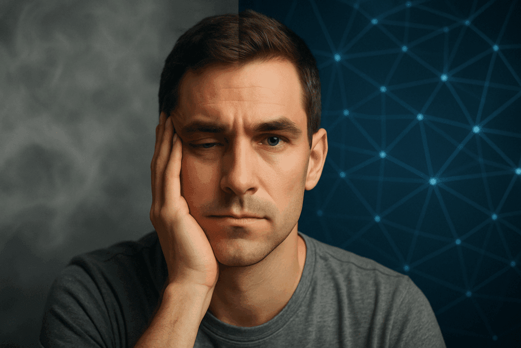 Split-screen showing the same man with two expressions—one mentally foggy and one alert—illustrating the question: Do Apetropics Smart Drops Really Work.