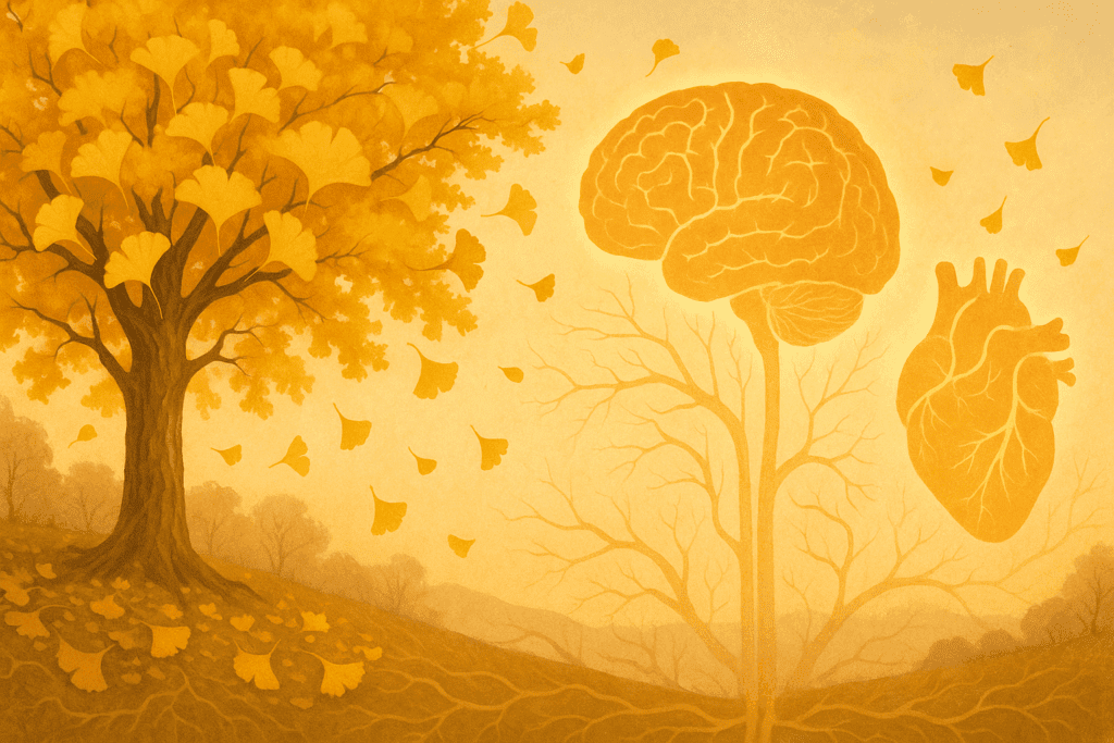 Golden ginkgo leaves falling near a glowing brain and heart, representing ginkgo as one of the best herbs for circulation and cognitive support.