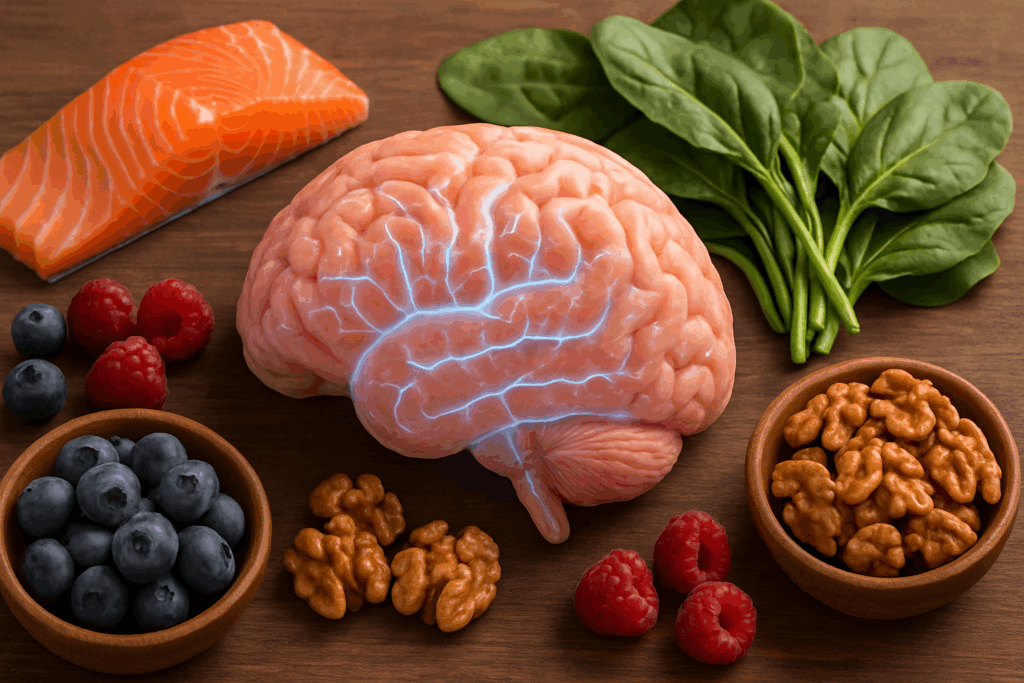 Assortment of the best gummies for brain health next to fresh turmeric root, ginkgo leaves, and lion’s mane mushroom on a white tabletop.