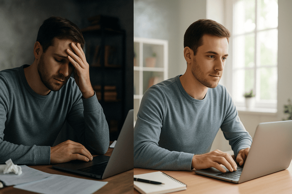 "Before-and-after comparison of an adult man struggling with brain fog versus focused and energized at a tidy desk, illustrating the impact of the best brain supplements for adults."