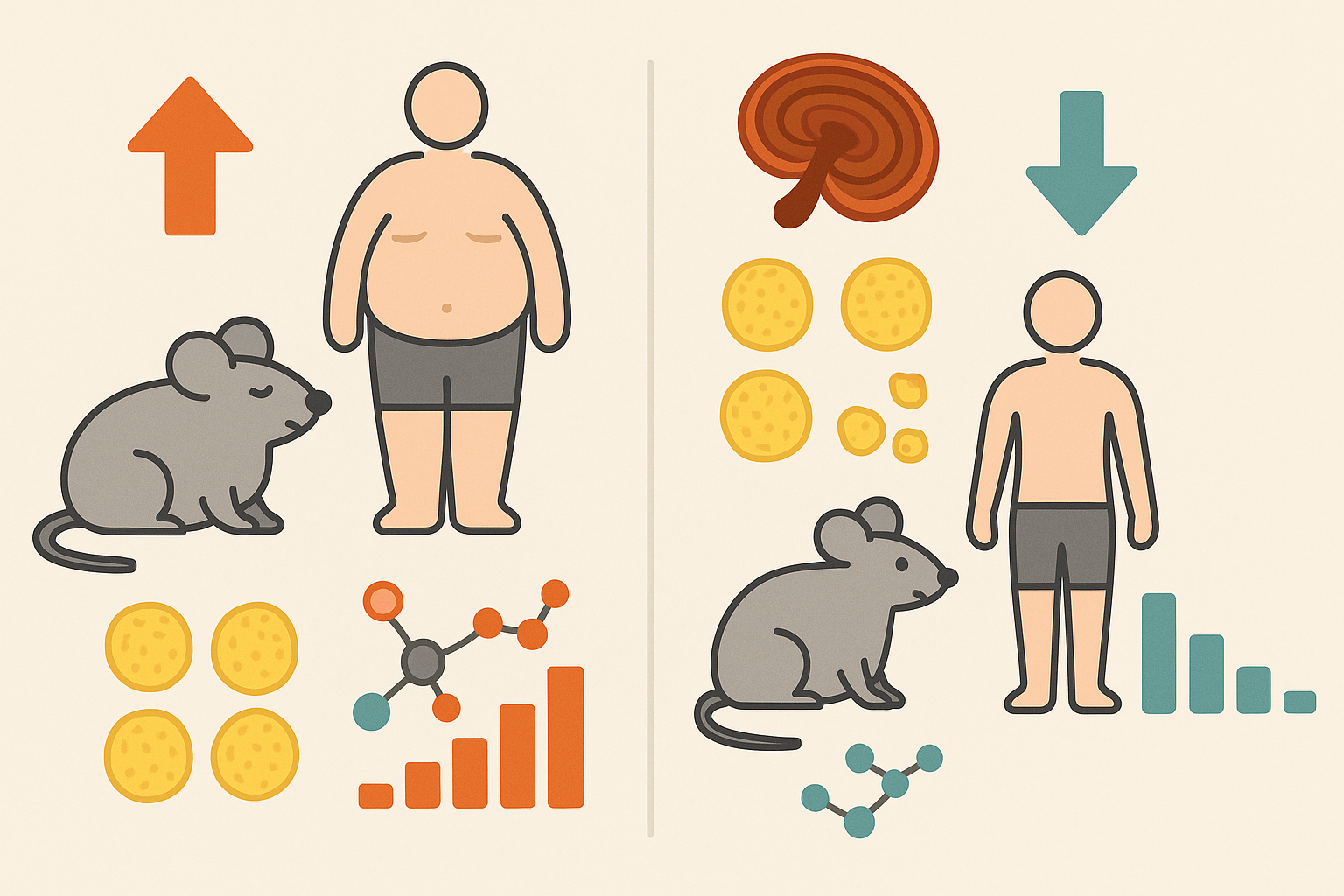 Visual comparison showing weight loss and metabolic improvements after Reishi supplementation, supporting Reishi mushroom weight loss claims.