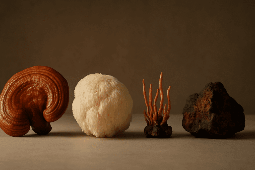 Comparison of four medicinal mushrooms including reishi, lion’s mane, and cordyceps, with emphasis on reishi mushroom for sleep