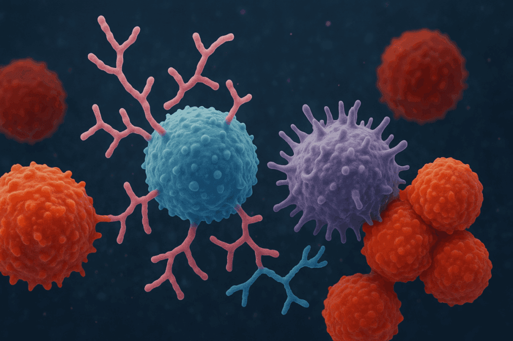 Immune cells like T-cells and NK cells interacting with cancer cells, visualizing the immune benefits in a reishi mushroom cancer study