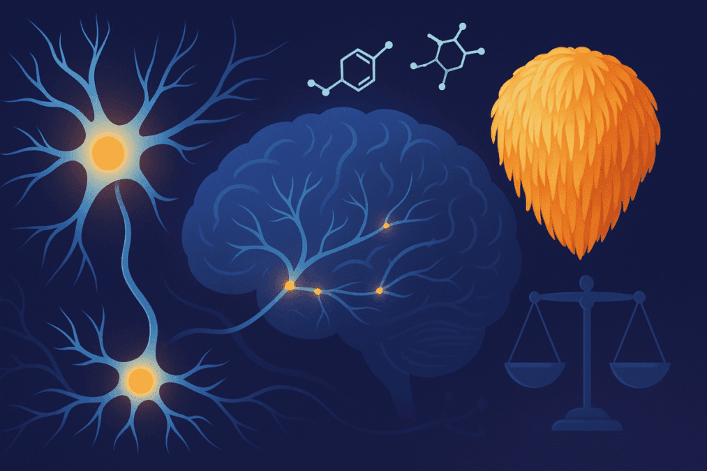 Illustration of neurons regenerating and brain pathways activating, representing neurogenesis and mood benefits explored in the Real Mushrooms Lion’s Mane review.