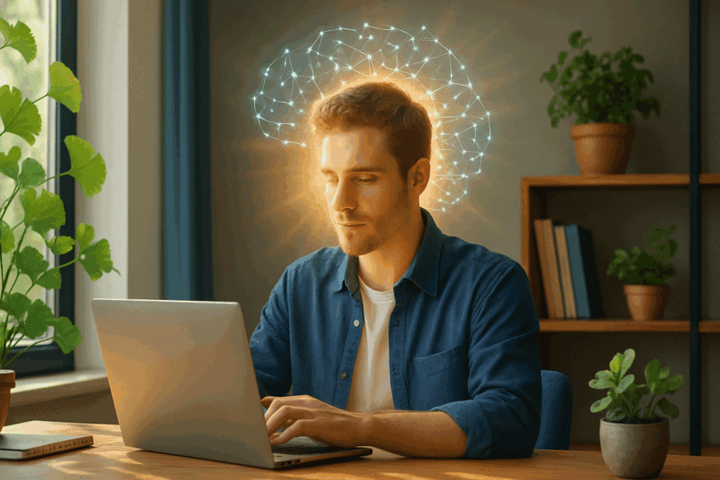 Focused individual in a modern workspace symbolizing Ginkgo Bacopa's benefits for attention and memory