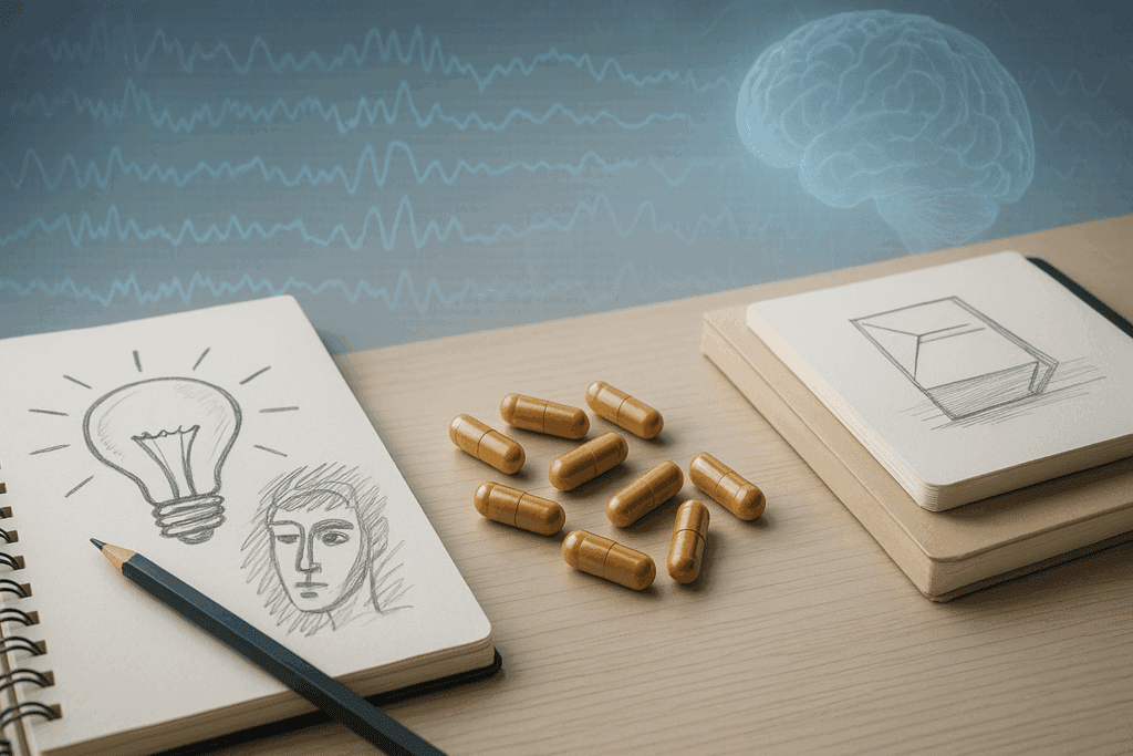 Creative workspace scene depicting microdosing with psilocybin mushroom supplements for focus and innovation