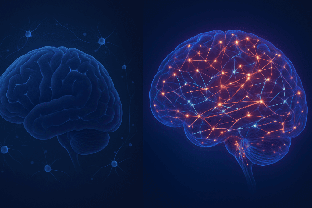 Split-brain visualization comparing normal and altered states influenced by psilocybin and serotonin interactions