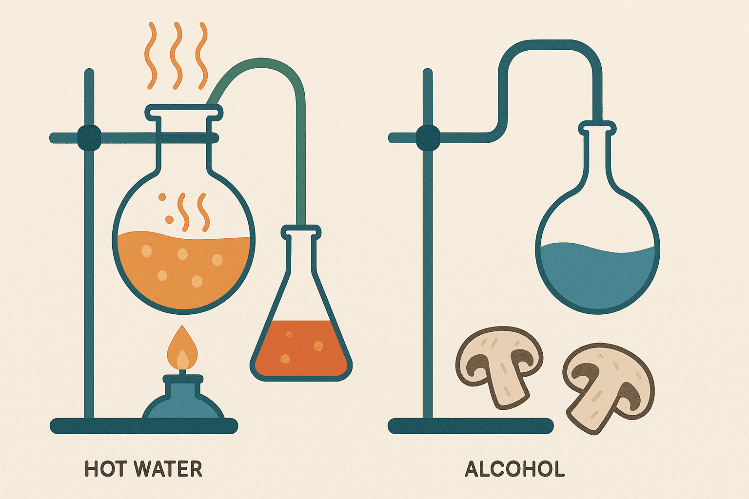 Visual comparison of dual extraction processes for organic lion's mane using hot water and alcohol in lab settings