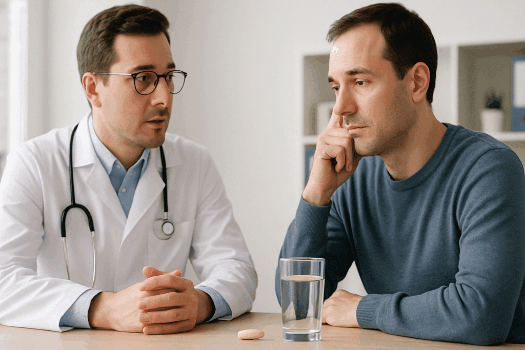 Doctor consulting with adult patient in calm medical setting, with pill and water glass on desk representing the best medication for inattentive ADHD in adults