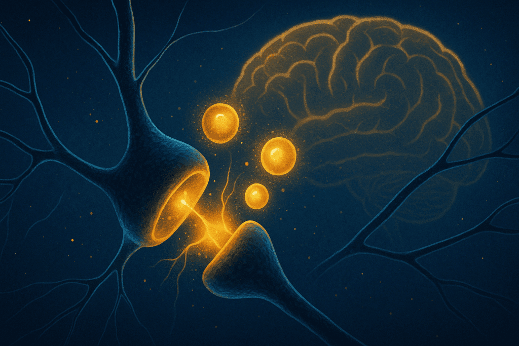 "Stylized cross-section of a neuron transmitting signals with B6, B9, and B12 particles, supporting neurotransmission to a glowing brain—visual concept of the best supplements for menopause brain fog."