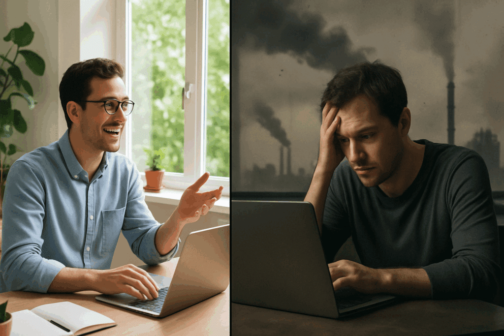 "Split-screen showing how environment impacts cognitive brain function, with a bright green room on one side and a polluted, dim setting on the other"