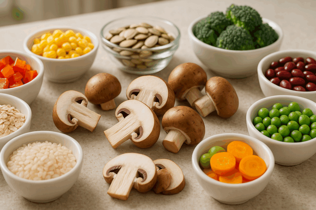 Mushroom slices surrounded by nutrient-rich foods illustrating the nutritional value of brown mushrooms and crimini mushrooms