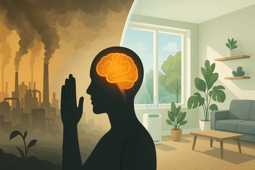 "Split-screen illustration showing how to protect your brain from damage by avoiding polluted industrial environments and choosing clean, plant-filled indoor spaces."