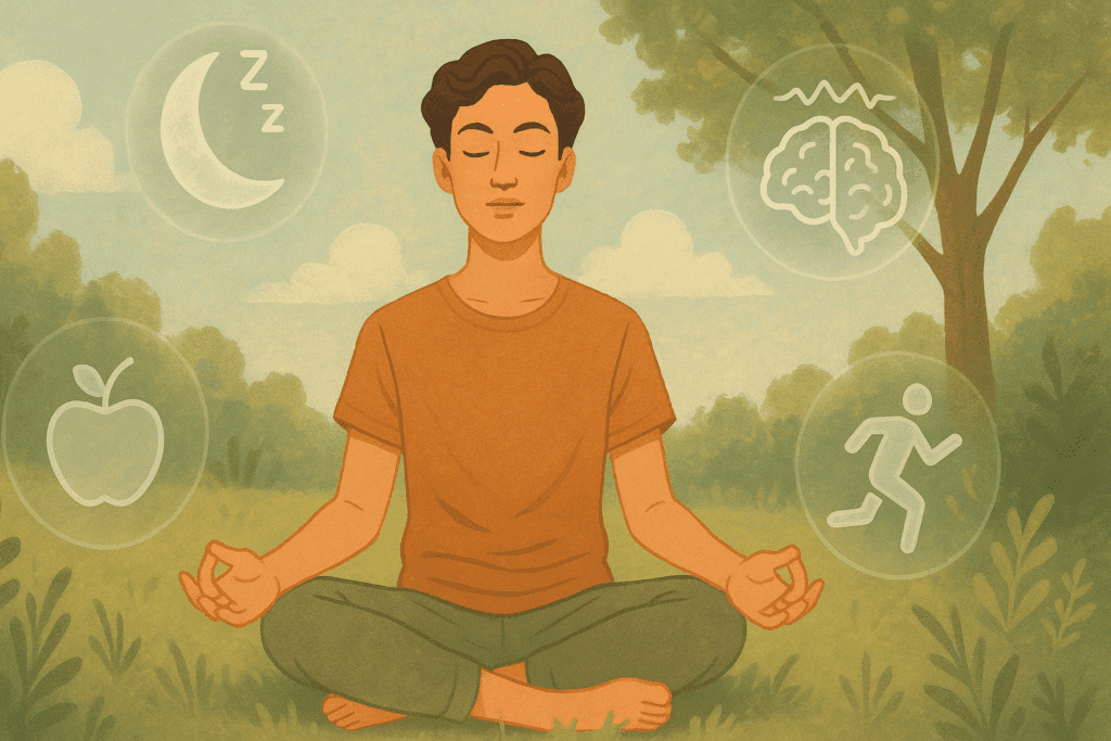 "Person meditating outdoors surrounded by wellness icons like sleep, healthy food, brainwaves, and exercise, symbolizing the holistic effects of the Brain Savior supplement."