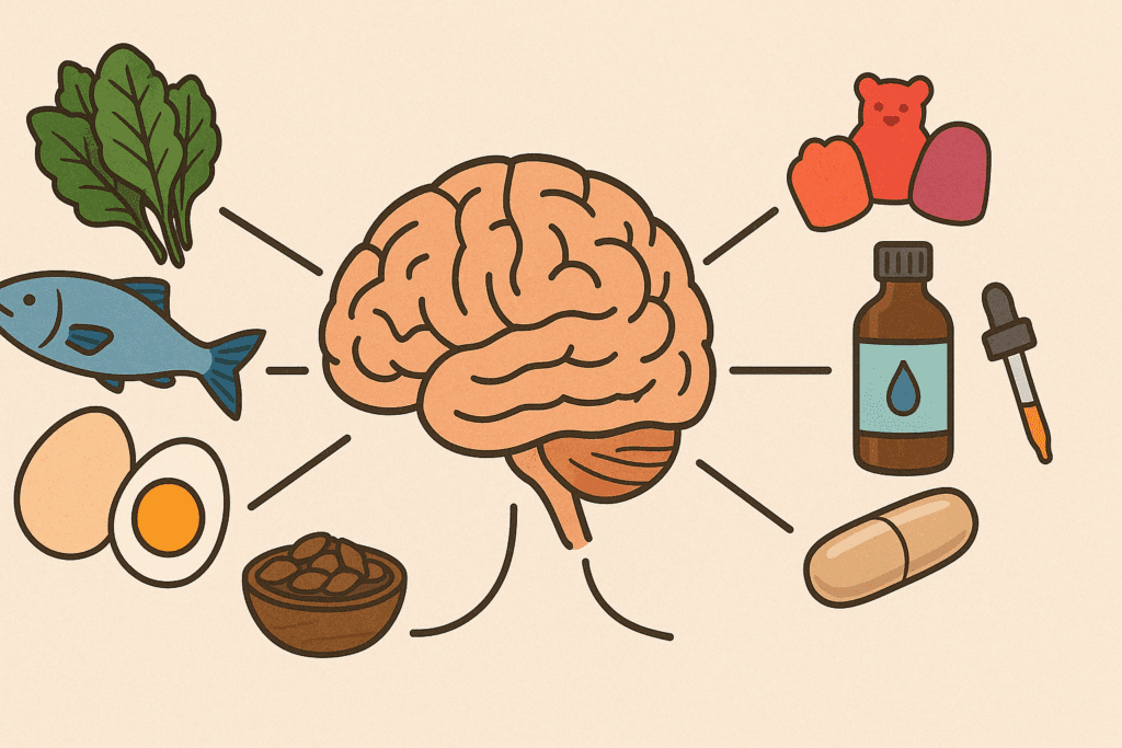 "Diagram showing whole foods like leafy greens, fish, eggs, and seeds on one side, and child-friendly supplements like gummies, capsules, and liquid drops on the other, all pointing to a brain to illustrate the best vitamins for child brain development."