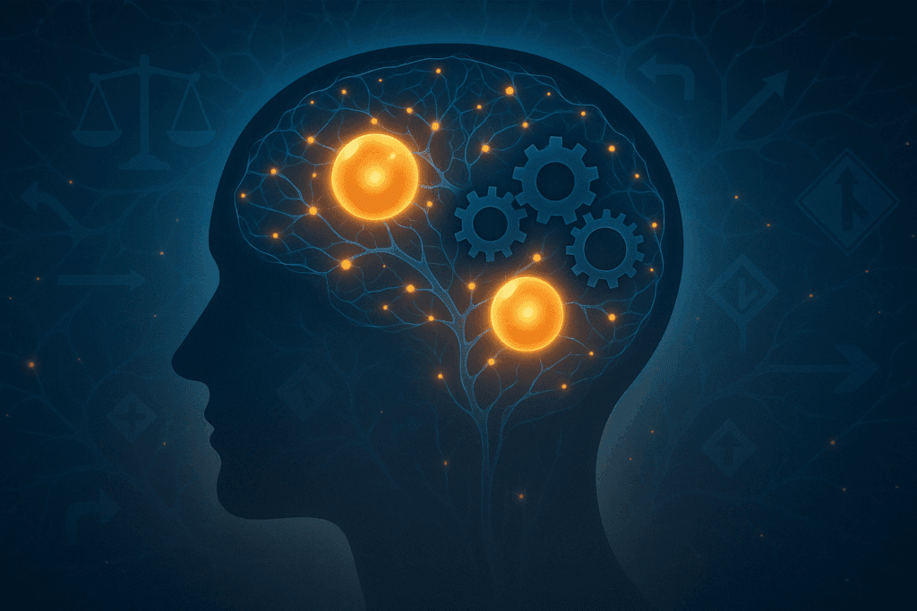 "Conceptual illustration of human head silhouette with gears, neuron pathways, and nutrient molecules exploring how brain nutrients affect executive function and raise questions like can we eat brain"