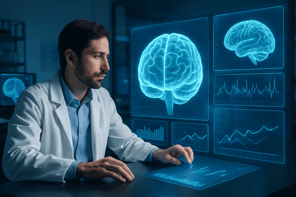 Scientist analyzing brain function data in a cognitive lab with holographic brain scans and charts, illustrating research behind Cerebra brain supplement.