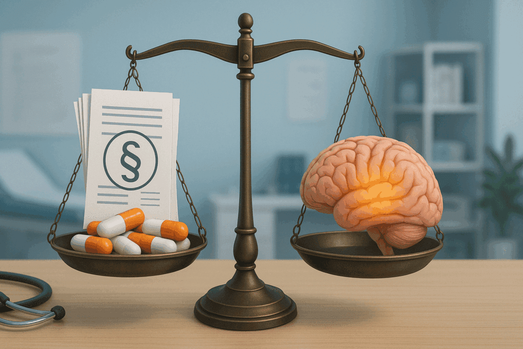Balance scale showing Class A ADHD medications and legal documents on one side, and a glowing brain on the other in a medical consultation room.