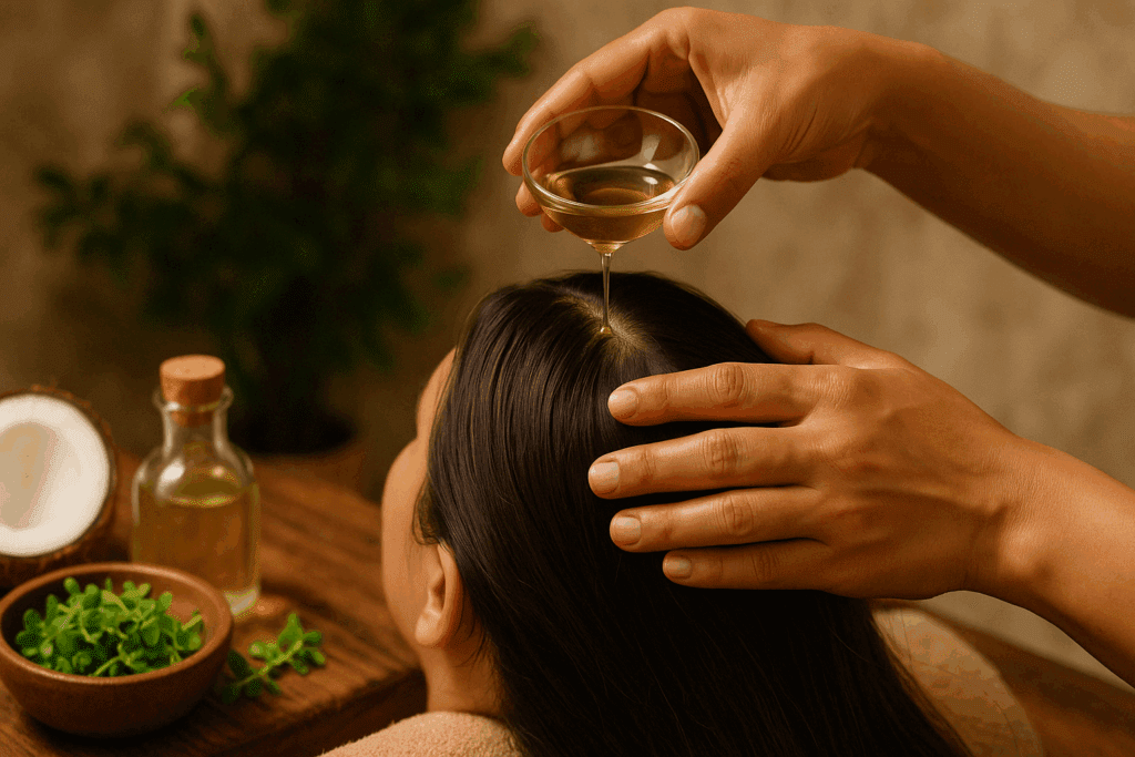 Ayurvedic scalp massage using Brahmi oil as part of research on where to buy Bacopa Monnieri for hair health