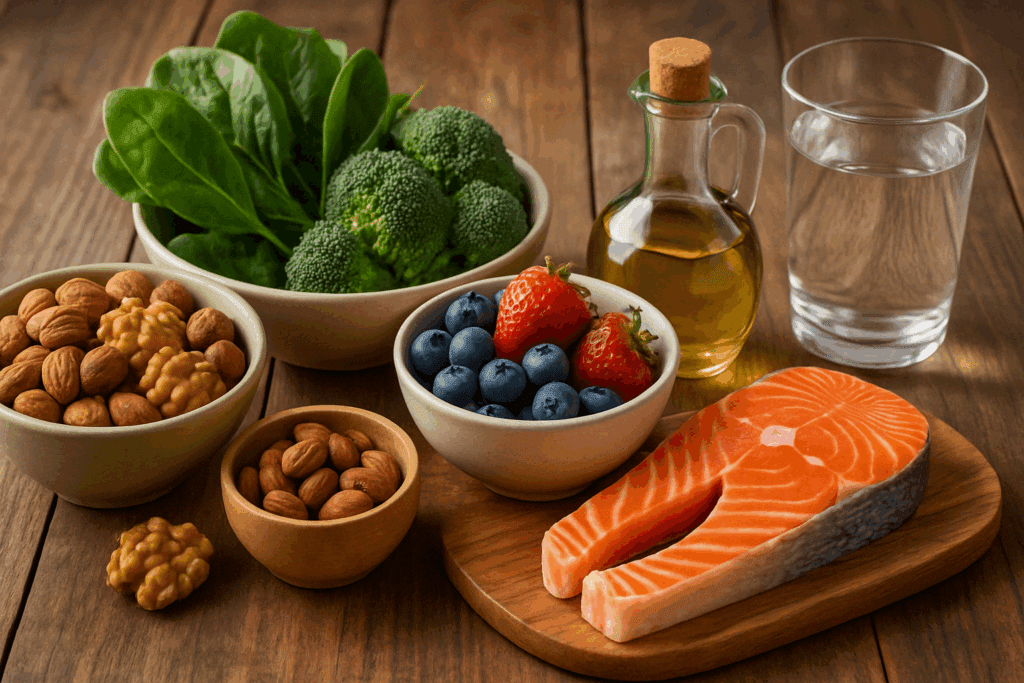 Brain-healthy foods like salmon, leafy greens, berries, nuts, olive oil, and water arranged to support how to improve cognitive function in the elderly.
