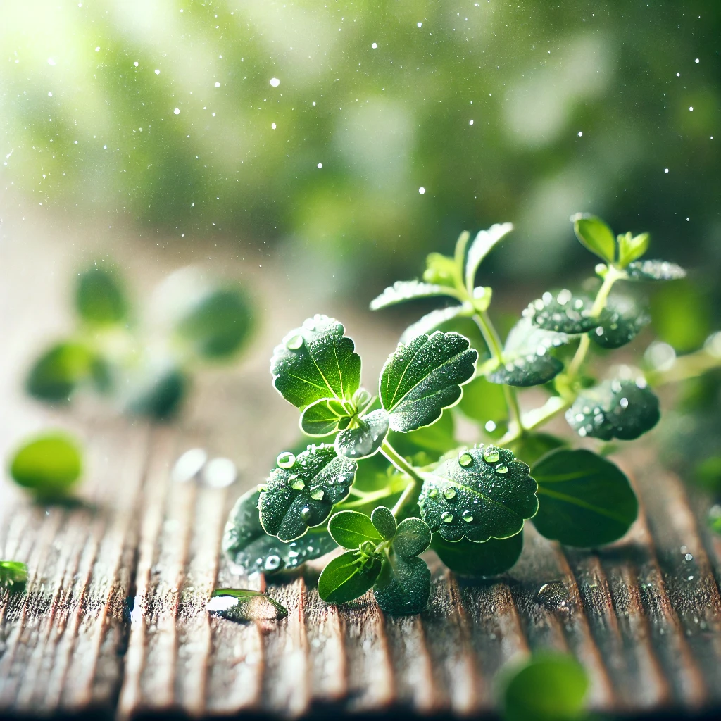 "Sprig of Bacopa Monnieri resting on a wooden surface, emphasizing its benefits for memory and focus as the best herb for ADHD."