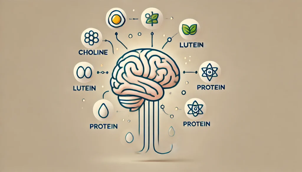 "A calm individual at a desk with eggs and vegetables, symbolizing how eggs support emotional health and brain resilience under stress, emphasizing their role in overall brain well-being."