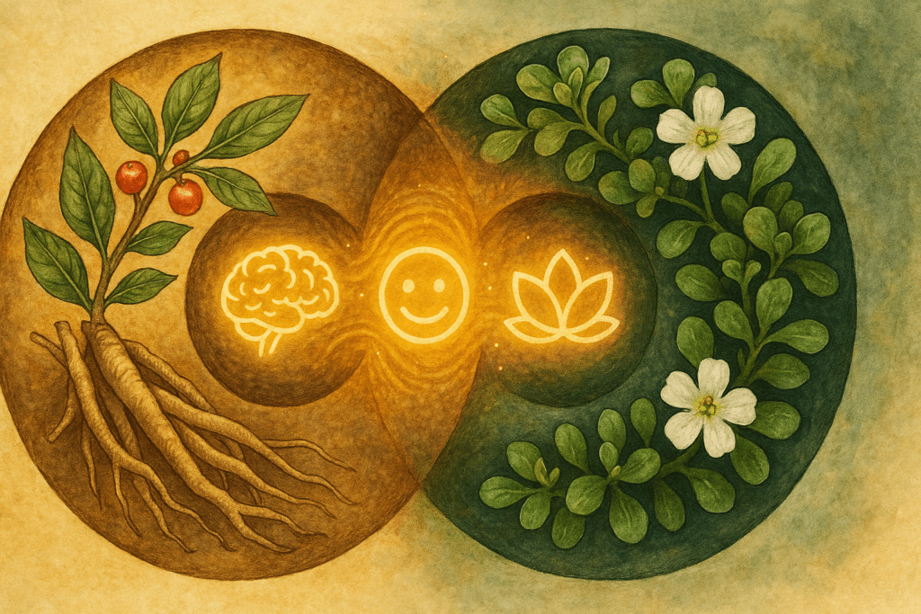 Visual metaphor of synergy showing Ashwagandha and Bacopa together enhancing mood, memory, and resilience