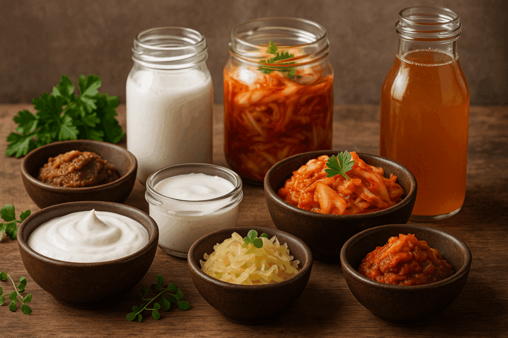 Balanced daily meal prep with oatmeal, salmon salad, smoothie, and snacks representing the best foods for energy and concentration