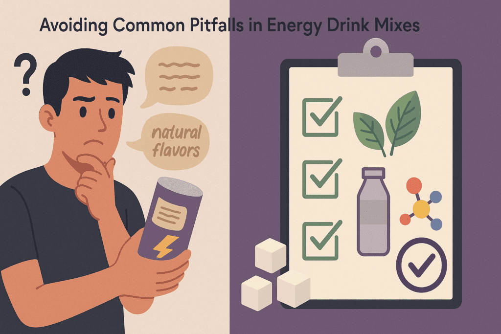 Split-screen infographic comparing confusing energy drink labels to a checklist of clean ingredients, highlighting the Best Natural Energy Powder.