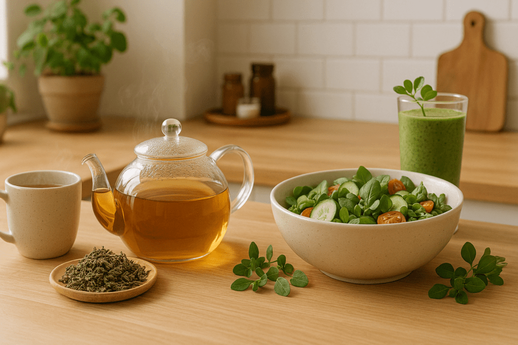 Cup of herbal tea made from the bacopa monnieri plant, placed next to fresh leaves and a teapot.
